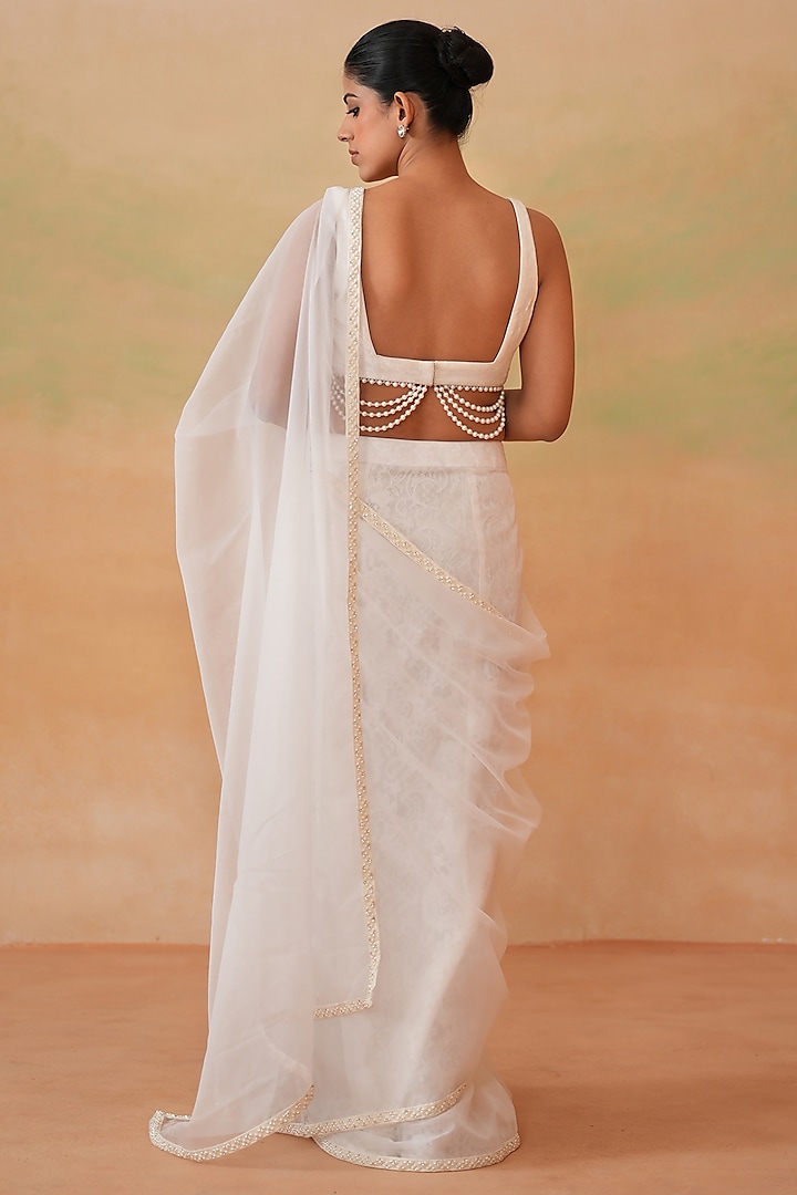 Ivory Organza Pearl Work Stitched Party Wear Saree Set by Deepika Chadha at Pernia's Pop Up Shop