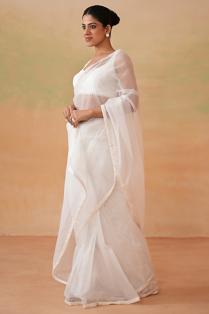 Ivory Organza Pearl Work Stitched Party Wear Saree Set by Deepika Chadha at Pernia's Pop Up Shop