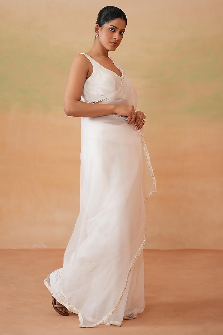 Ivory Organza Pearl Work Stitched Party Wear Saree Set by Deepika Chadha at Pernia's Pop Up Shop