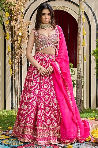 Fuchsia Banarasi Silk Lehenga Set by Deepika Chadha
