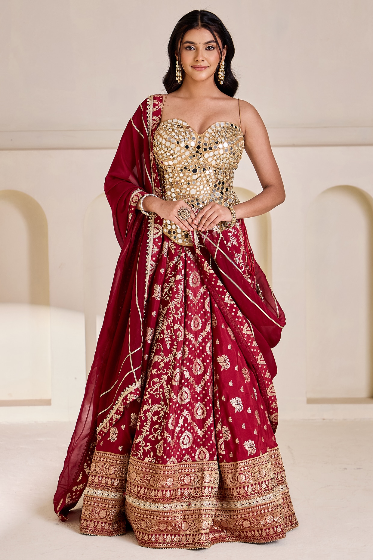Deepika Chadha Maroon Banarasi Silk Lehenga Set