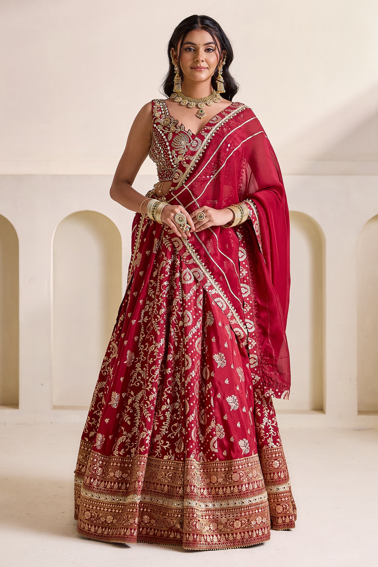 Deepika Chadha Maroon Banarasi Silk Kalidar Lehenga Set