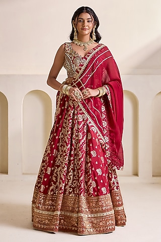 Maroon Banarasi Silk Kalidar Lehenga Set by Deepika Chadha
