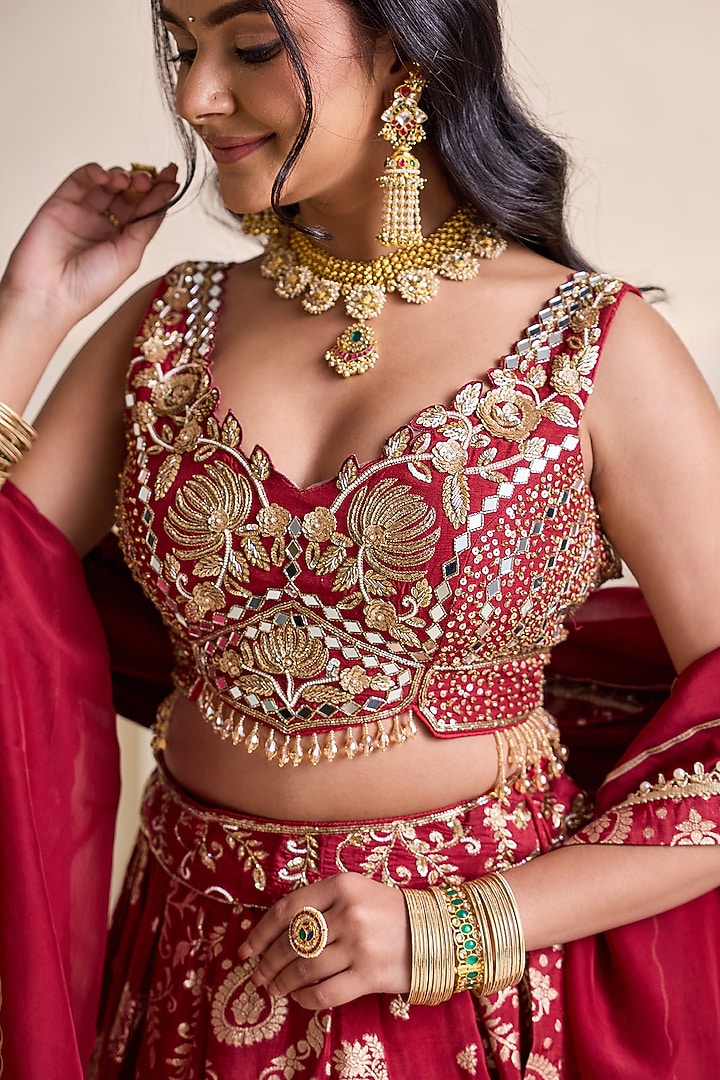 Maroon Banarasi Silk Kalidar Wedding Lehenga Set by Deepika Chadha at Pernia's Pop Up Shop