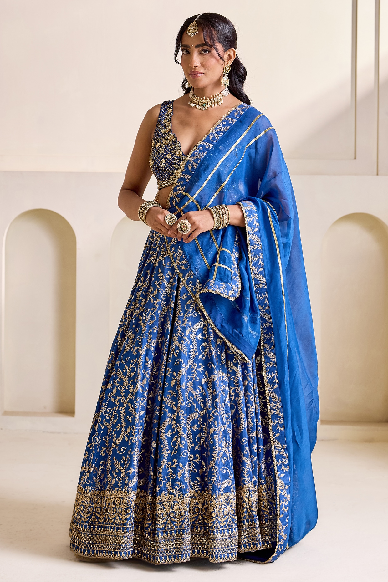 Deepika Chadha Deep Blue Banarasi Silk Kalidar Lehenga Set