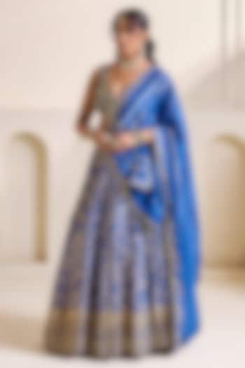 Deep Blue Banarasi Silk Kalidar Wedding Lehenga Set by Deepika Chadha at Pernia's Pop Up Shop