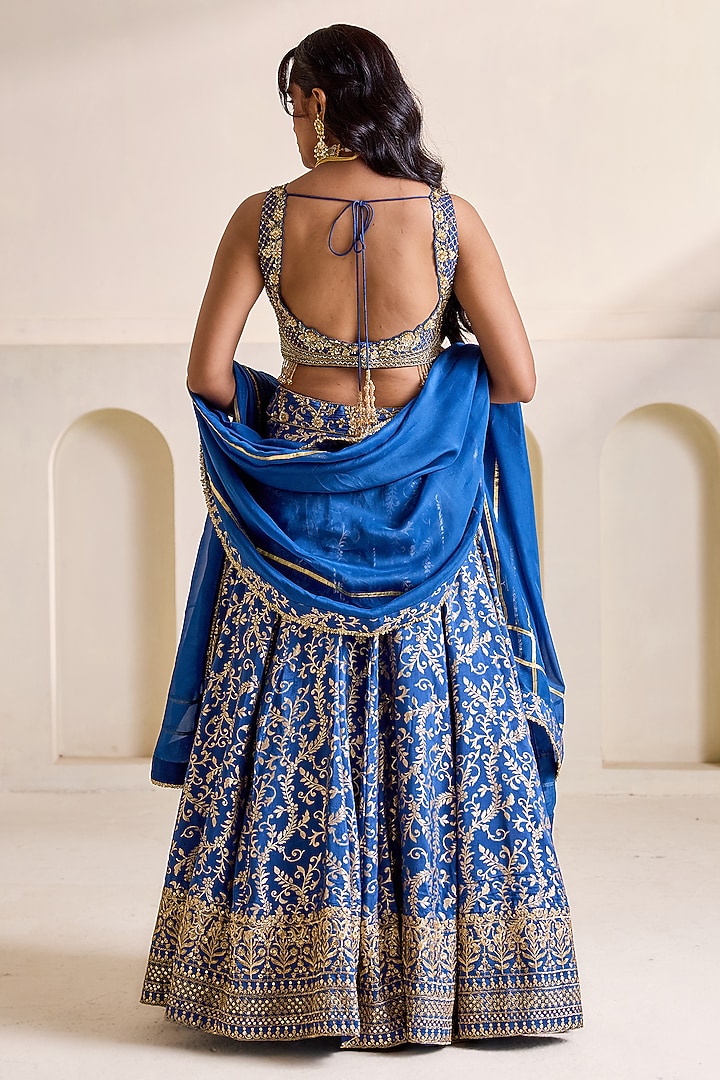 Deep Blue Banarasi Silk Kalidar Wedding Lehenga Set by Deepika Chadha at Pernia's Pop Up Shop
