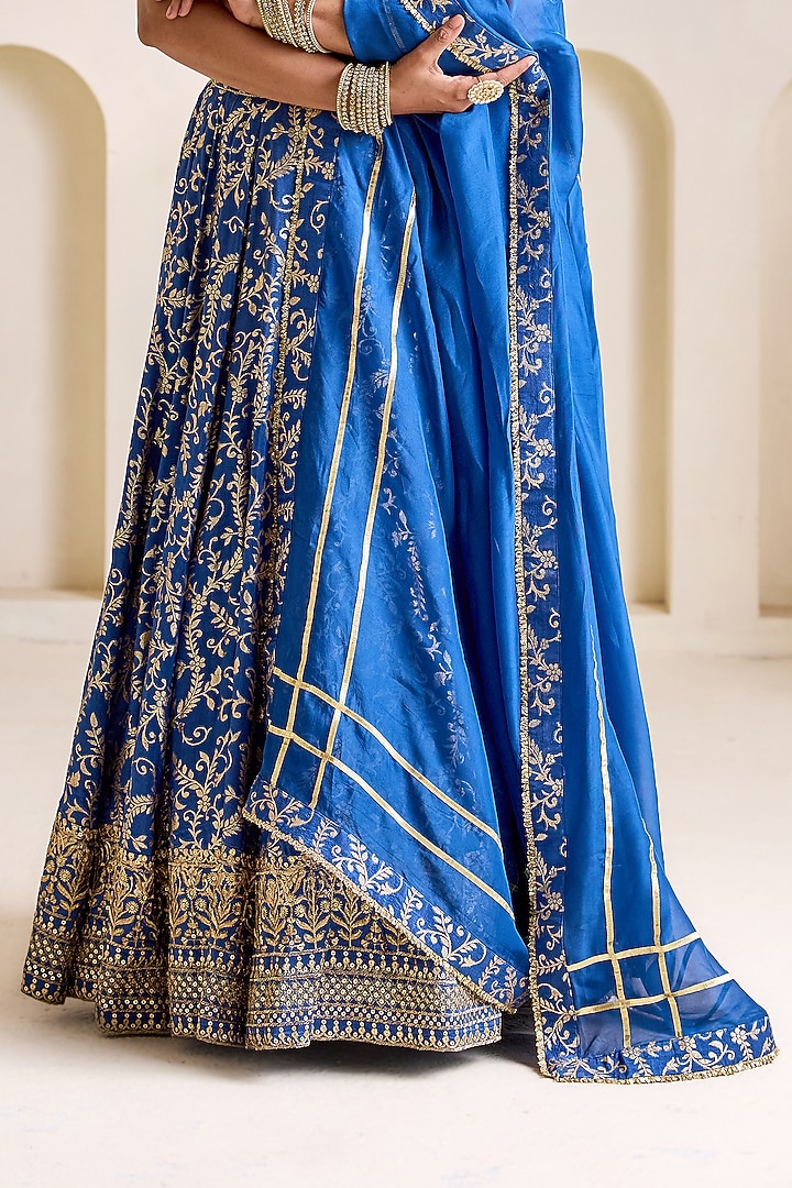 Deep Blue Banarasi Silk Kalidar Wedding Lehenga Set by Deepika Chadha at Pernia's Pop Up Shop