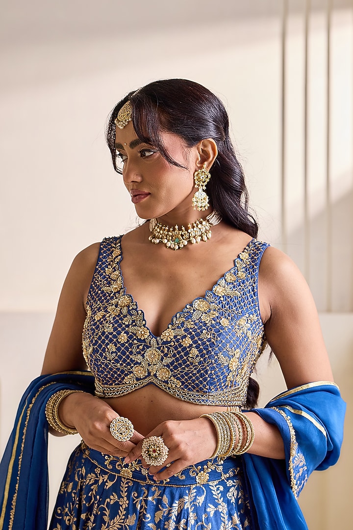 Deep Blue Banarasi Silk Kalidar Wedding Lehenga Set by Deepika Chadha at Pernia's Pop Up Shop