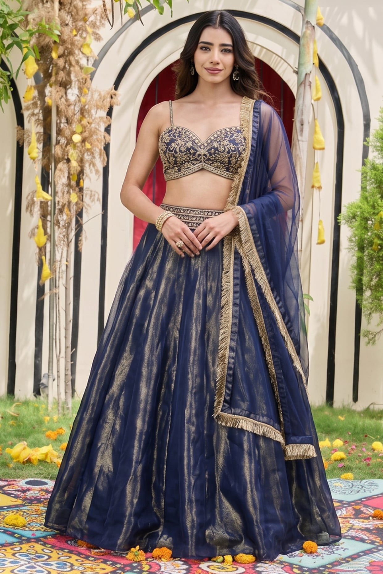 Deepika Chadha Navy Blue Banarasi Silk Kalidar Lehenga Set