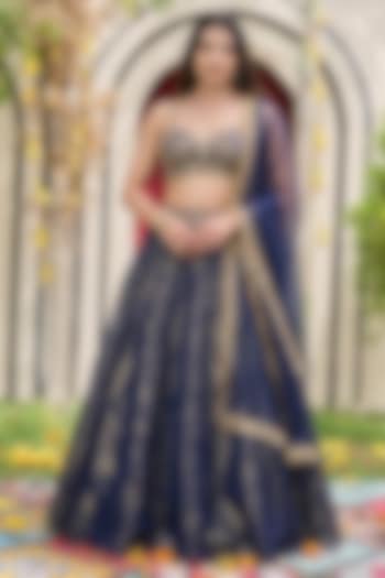 Navy Blue Banarasi Silk Kalidar Wedding Lehenga Set by Deepika Chadha at Pernia's Pop Up Shop