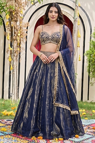 Navy Blue Banarasi Silk Kalidar Lehenga Set by Deepika Chadha