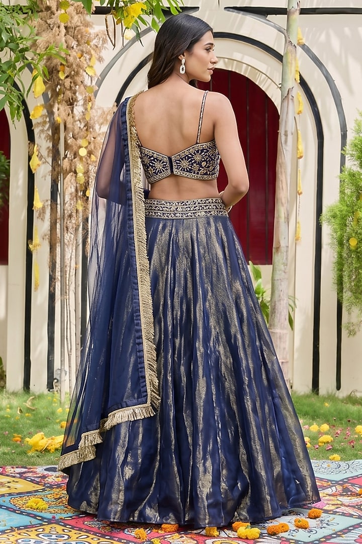 Navy Blue Banarasi Silk Kalidar Wedding Lehenga Set by Deepika Chadha at Pernia's Pop Up Shop