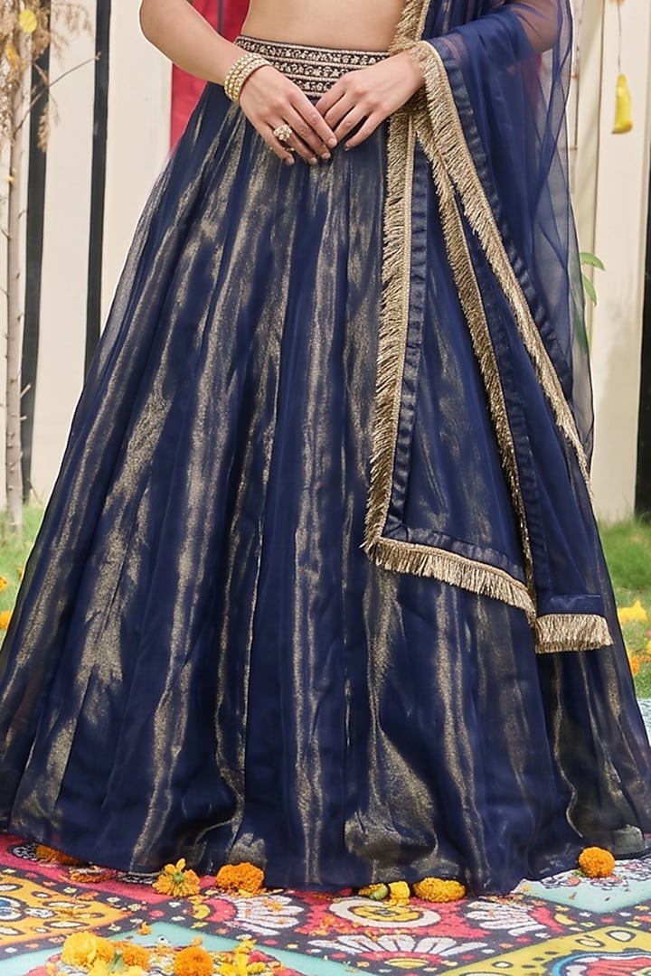 Navy Blue Banarasi Silk Kalidar Wedding Lehenga Set by Deepika Chadha at Pernia's Pop Up Shop