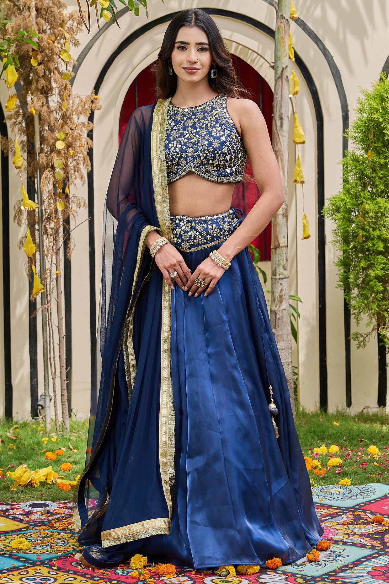 Deepika Chadha Deep Blue Glass Organza Embroidered Lehenga Set