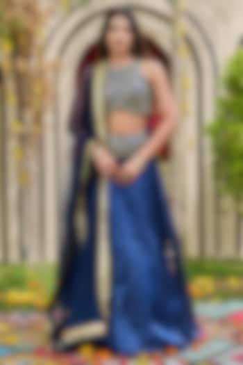 Deep Blue Glass Organza Embroidered Wedding Lehenga Set by Deepika Chadha at Pernia's Pop Up Shop
