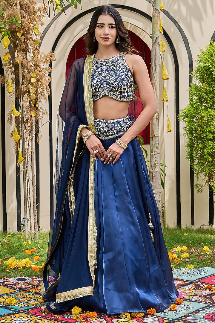 Deep Blue Glass Organza Embroidered Wedding Lehenga Set by Deepika Chadha at Pernia's Pop Up Shop