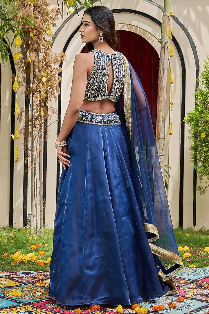 Deep Blue Glass Organza Embroidered Wedding Lehenga Set by Deepika Chadha at Pernia's Pop Up Shop