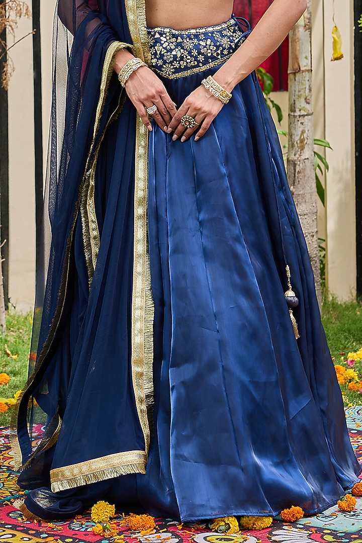 Deep Blue Glass Organza Embroidered Wedding Lehenga Set by Deepika Chadha at Pernia's Pop Up Shop