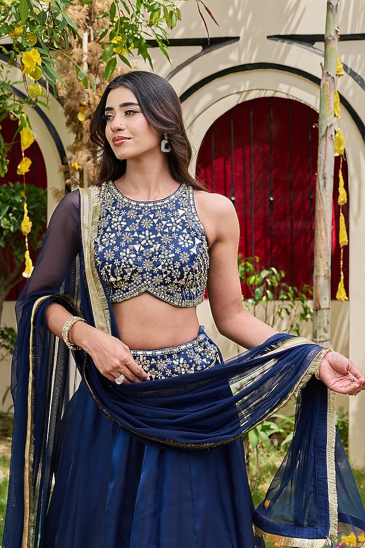 Deep Blue Glass Organza Embroidered Wedding Lehenga Set by Deepika Chadha at Pernia's Pop Up Shop