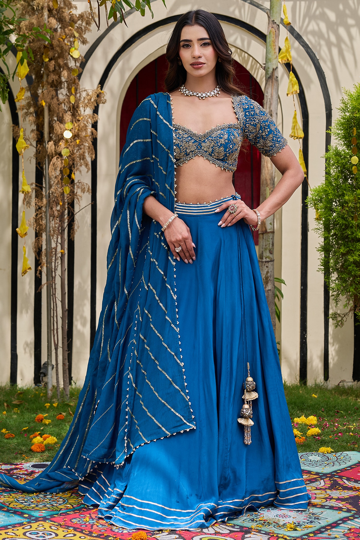Deepika Chadha Deep Blue Natural Crepe Gota Embroidered Lehenga Set
