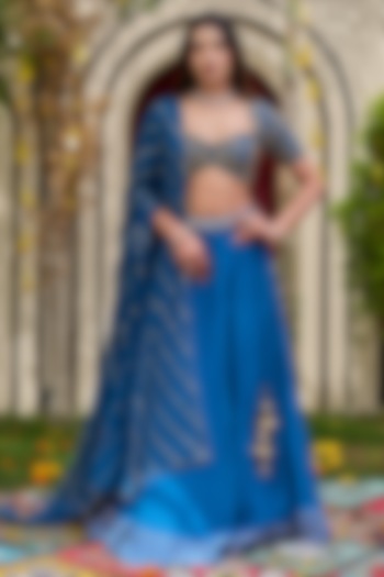 Deep Blue Natural Crepe Gota Embroidered Wedding Lehenga Set by Deepika Chadha at Pernia's Pop Up Shop