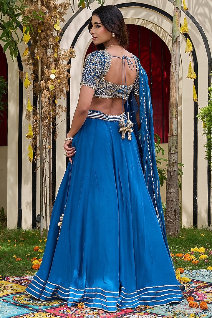 Deep Blue Natural Crepe Gota Embroidered Wedding Lehenga Set by Deepika Chadha at Pernia's Pop Up Shop