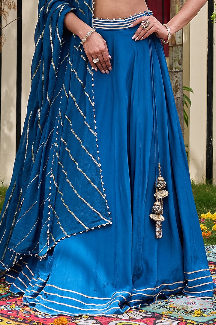 Deep Blue Natural Crepe Gota Embroidered Wedding Lehenga Set by Deepika Chadha at Pernia's Pop Up Shop