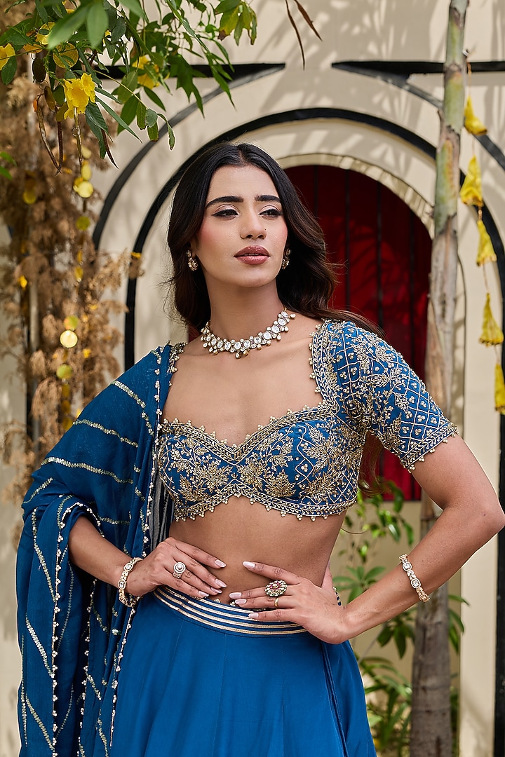 Deep Blue Natural Crepe Gota Embroidered Wedding Lehenga Set by Deepika Chadha at Pernia's Pop Up Shop