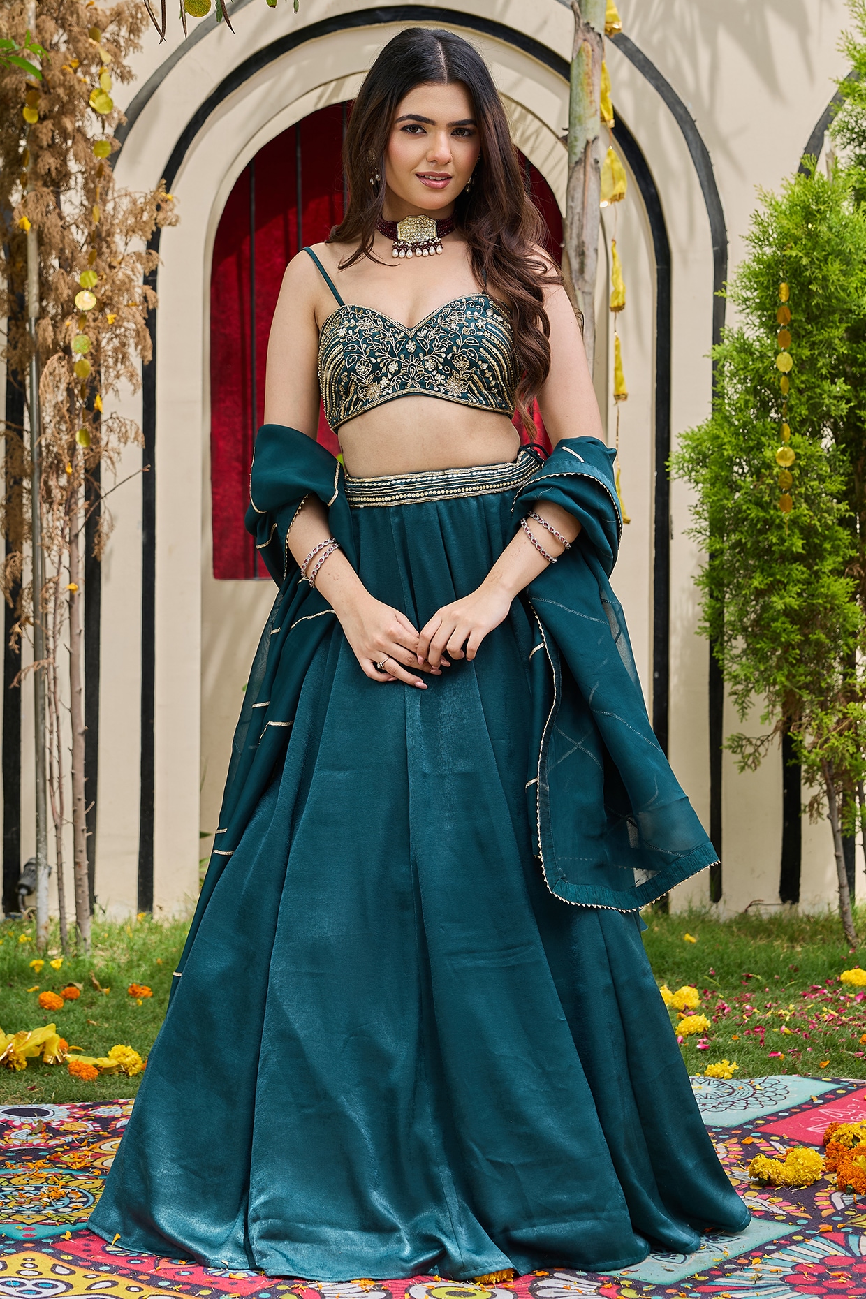 Deepika Chadha Emerald Green Natural Crepe Lehenga Set