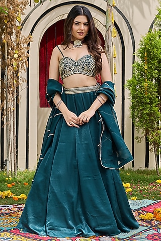 Emerald Green Natural Crepe Lehenga Set by Deepika Chadha