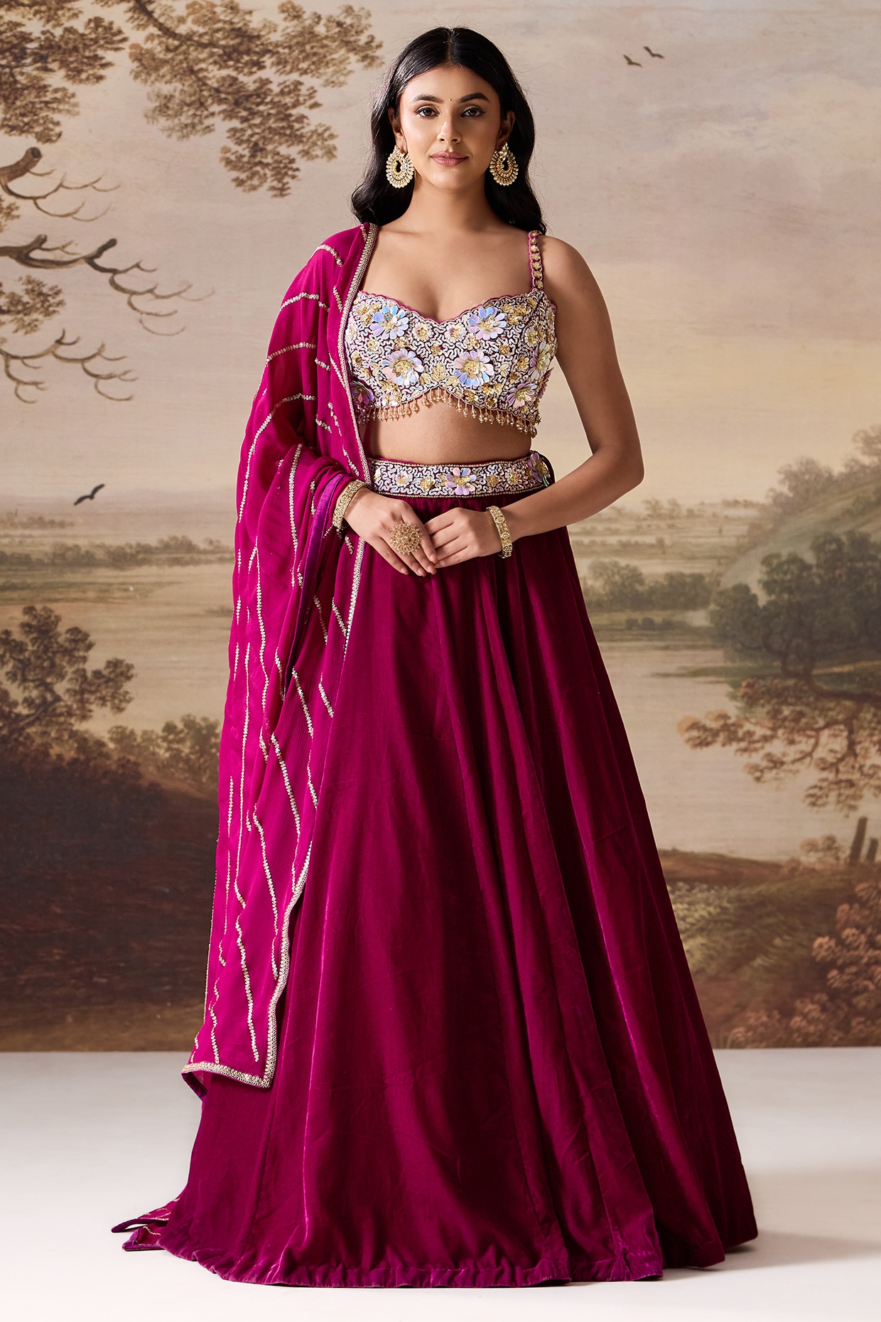 Deepika Chadha Purple Velvet Lehenga Set