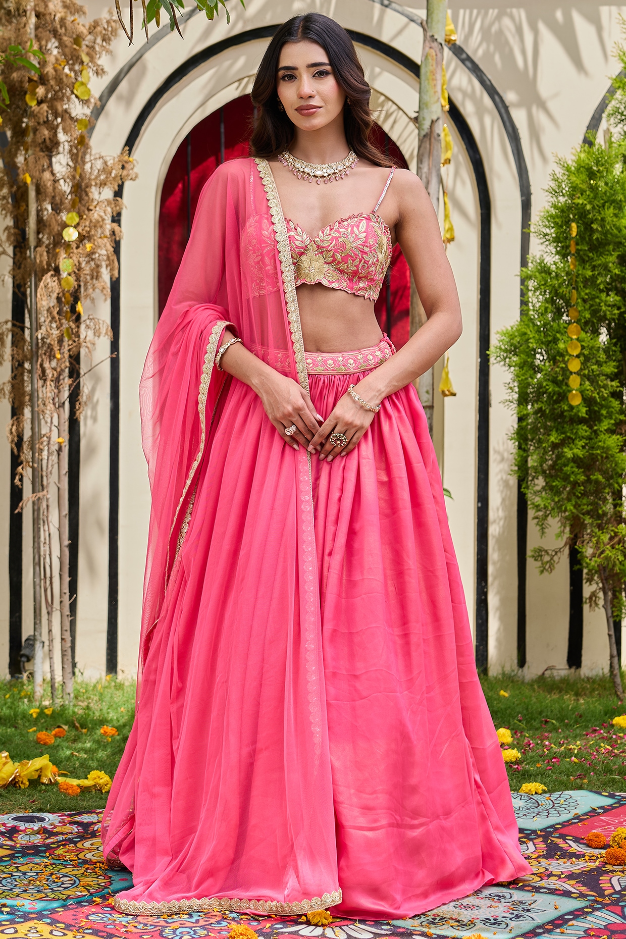 Deepika Chadha Candy Pink Shimmer Georgette Lehenga Set