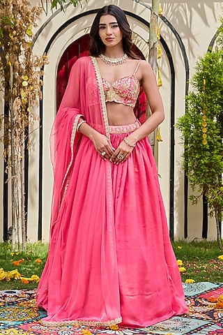 Candy Pink Shimmer Georgette Lehenga Set by Deepika Chadha