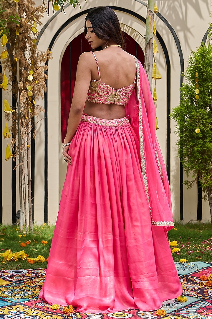 Candy Pink Shimmer Georgette Wedding Lehenga Set by Deepika Chadha at Pernia's Pop Up Shop