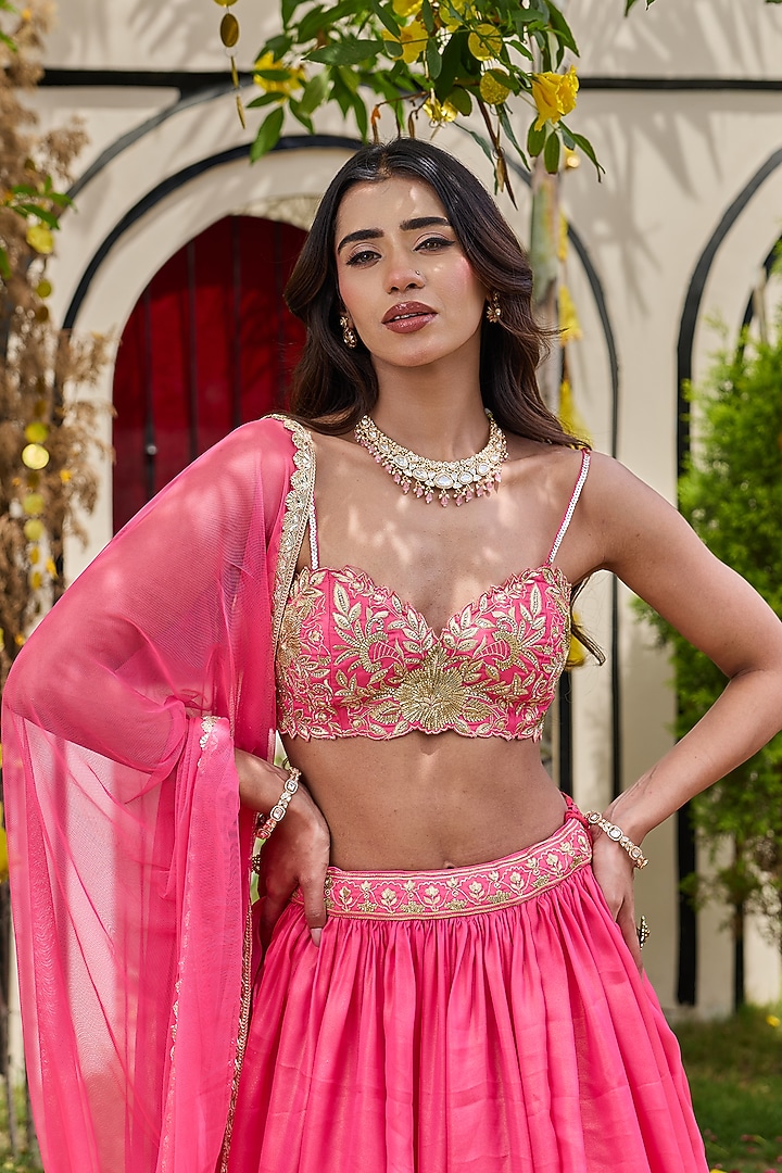 Candy Pink Shimmer Georgette Wedding Lehenga Set by Deepika Chadha at Pernia's Pop Up Shop