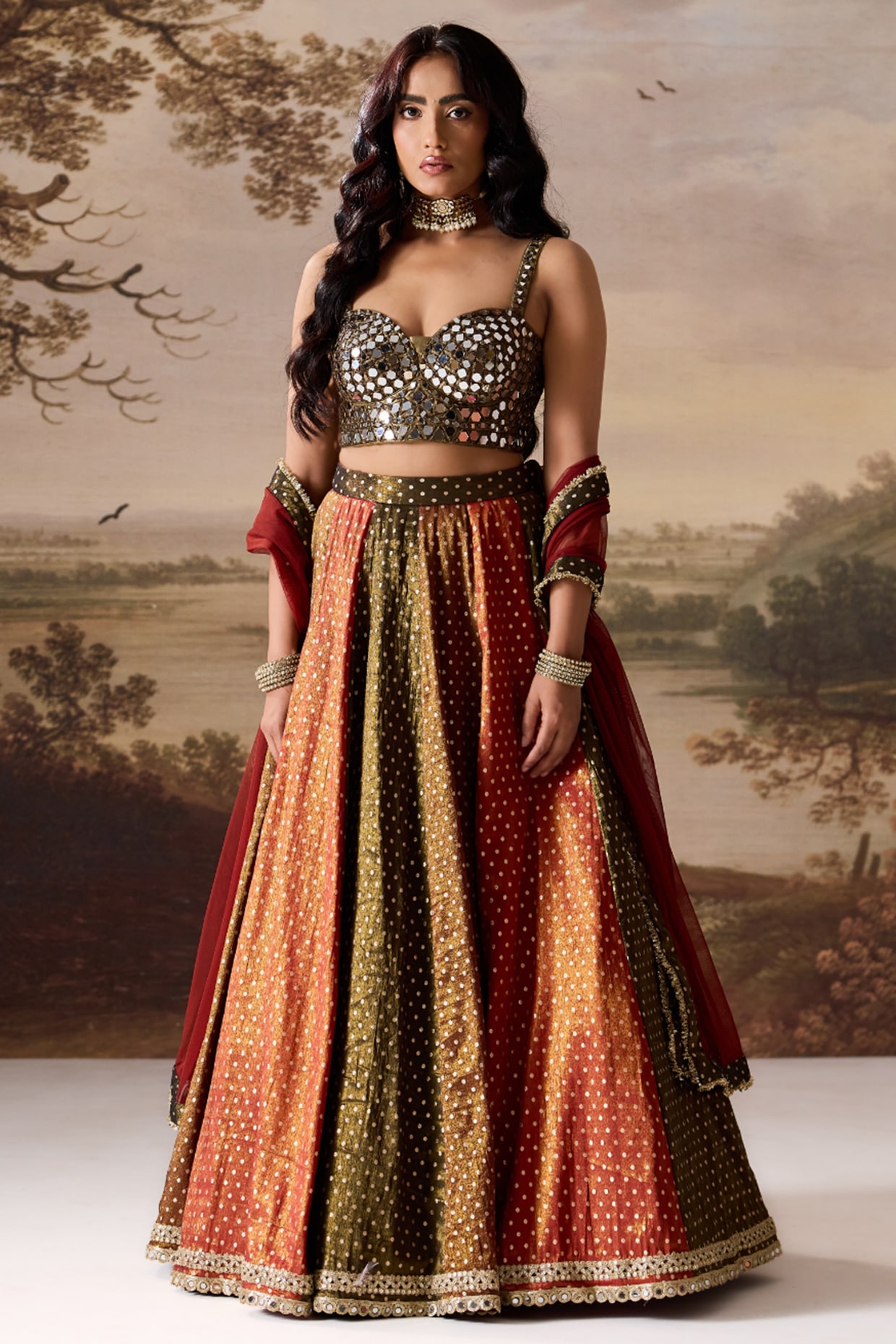Deepika Chadha Olive Green Cosmos Lehenga Set