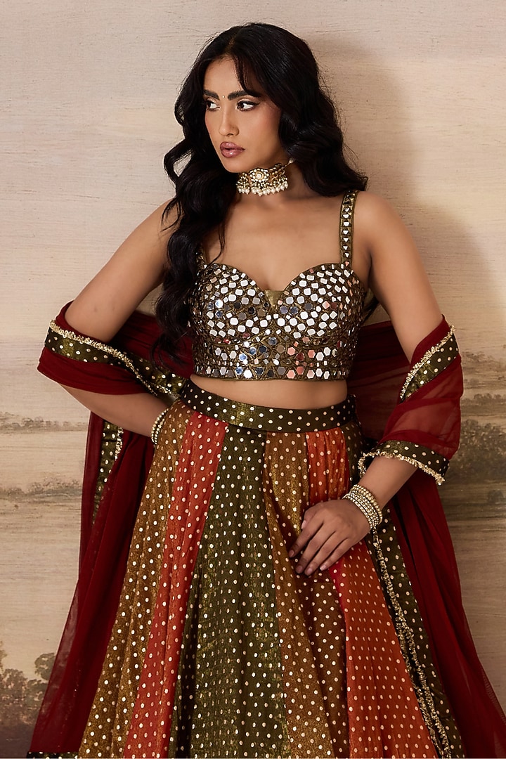 Olive Green Cosmos Wedding Lehenga Set by Deepika Chadha at Pernia's Pop Up Shop