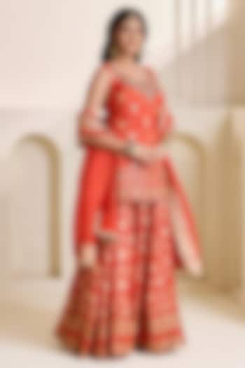 Rust Orange Banarasi Silk Wedding Sharara Set by Deepika Chadha at Pernia's Pop Up Shop