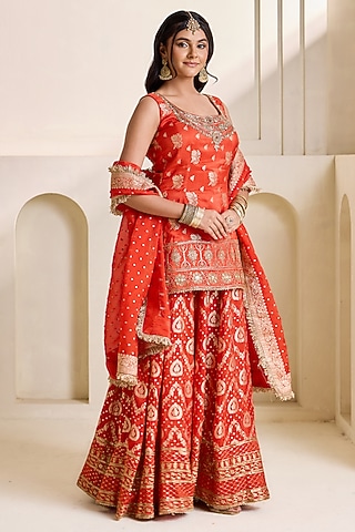 Rust Orange Banarasi Silk Sharara Set by Deepika Chadha