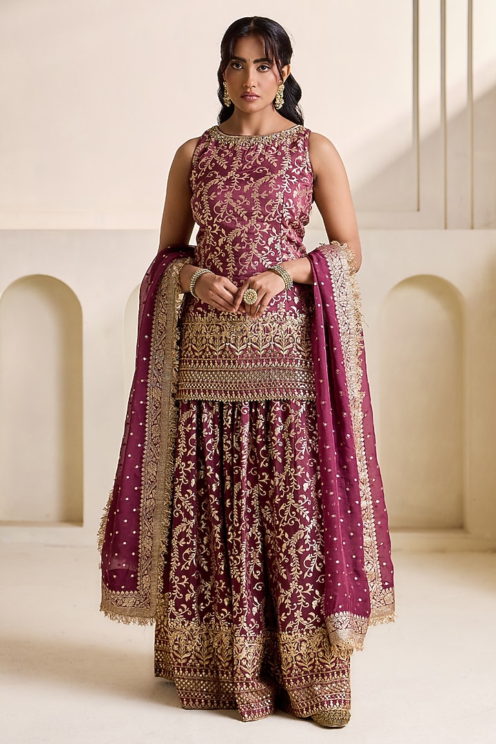Wine Orange Banarasi Silk Wedding Sharara Set by Deepika Chadha at Pernia's Pop Up Shop
