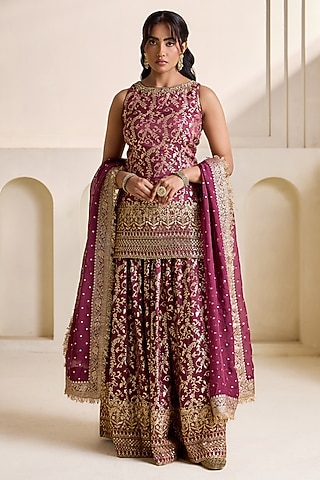 Wine Orange Banarasi Silk Sharara Set by Deepika Chadha