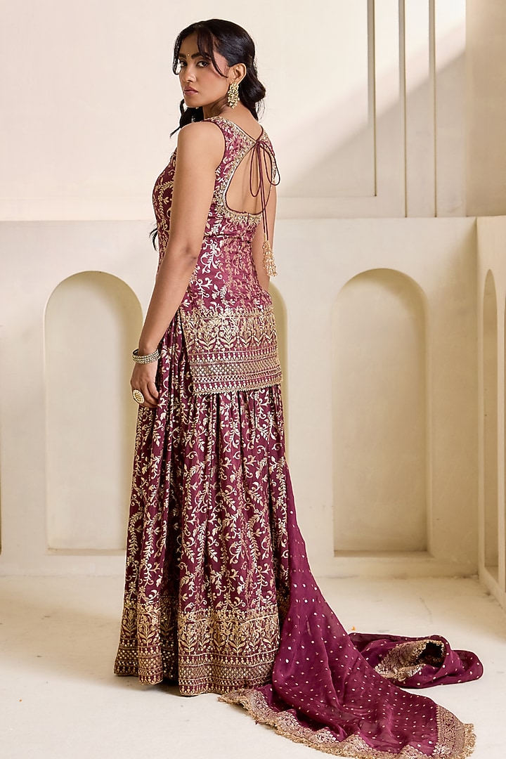 Wine Orange Banarasi Silk Wedding Sharara Set by Deepika Chadha at Pernia's Pop Up Shop