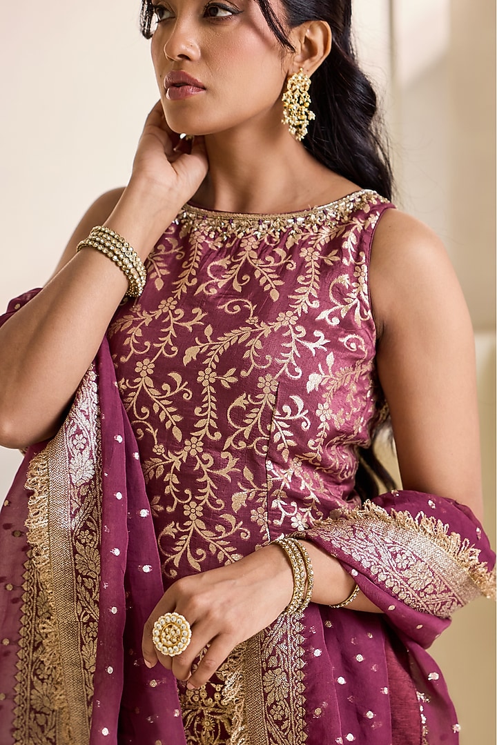 Wine Orange Banarasi Silk Wedding Sharara Set by Deepika Chadha at Pernia's Pop Up Shop