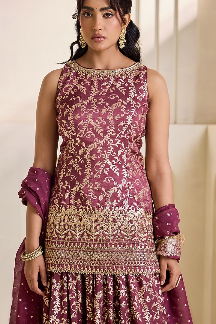 Wine Orange Banarasi Silk Wedding Sharara Set by Deepika Chadha at Pernia's Pop Up Shop