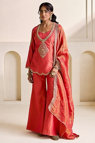 Orange Cosmos Dabka Embroidered Kurta Set by Deepika Chadha