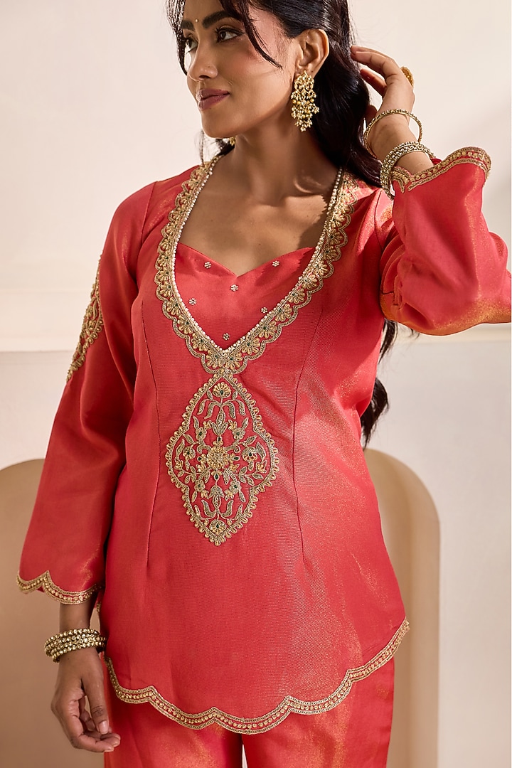 Orange Cosmos Dabka Embroidered Kurta Set by Deepika Chadha at Pernia's Pop Up Shop