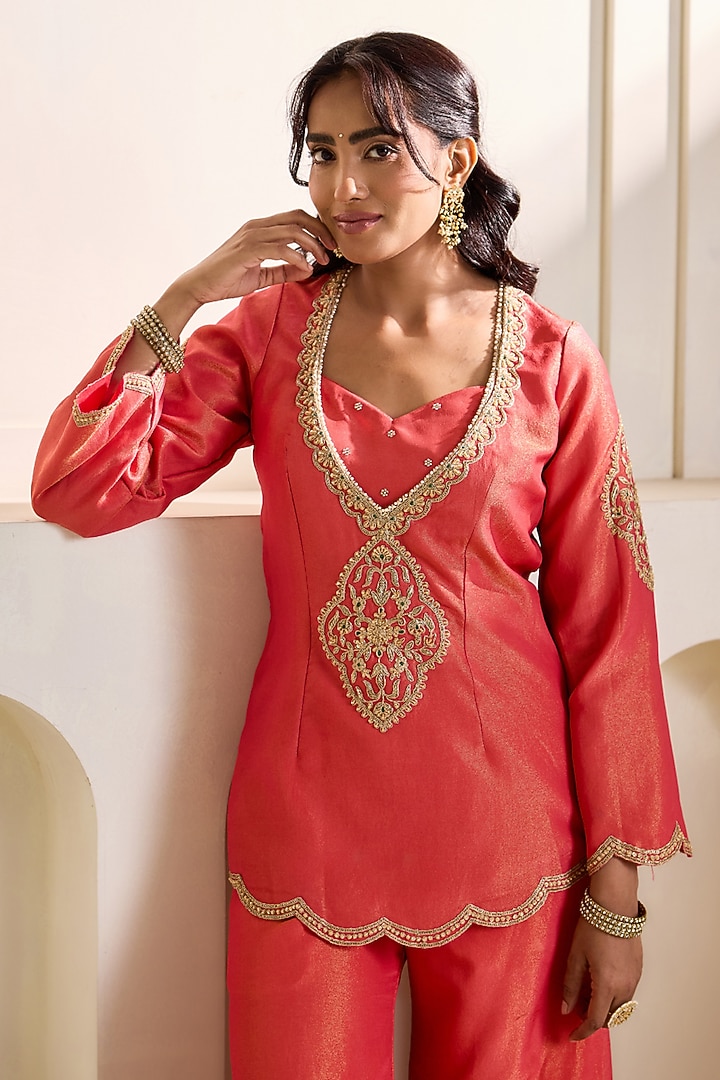 Orange Cosmos Dabka Embroidered Kurta Set by Deepika Chadha at Pernia's Pop Up Shop