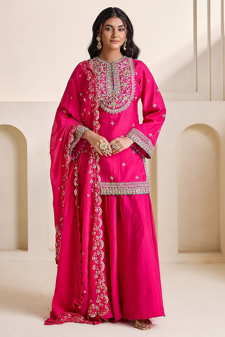 Fuchsia Upada Silk Wedding Sharara Set by Deepika Chadha at Pernia's Pop Up Shop