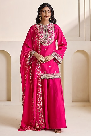 Fuchsia Upada Silk Sharara Set by Deepika Chadha